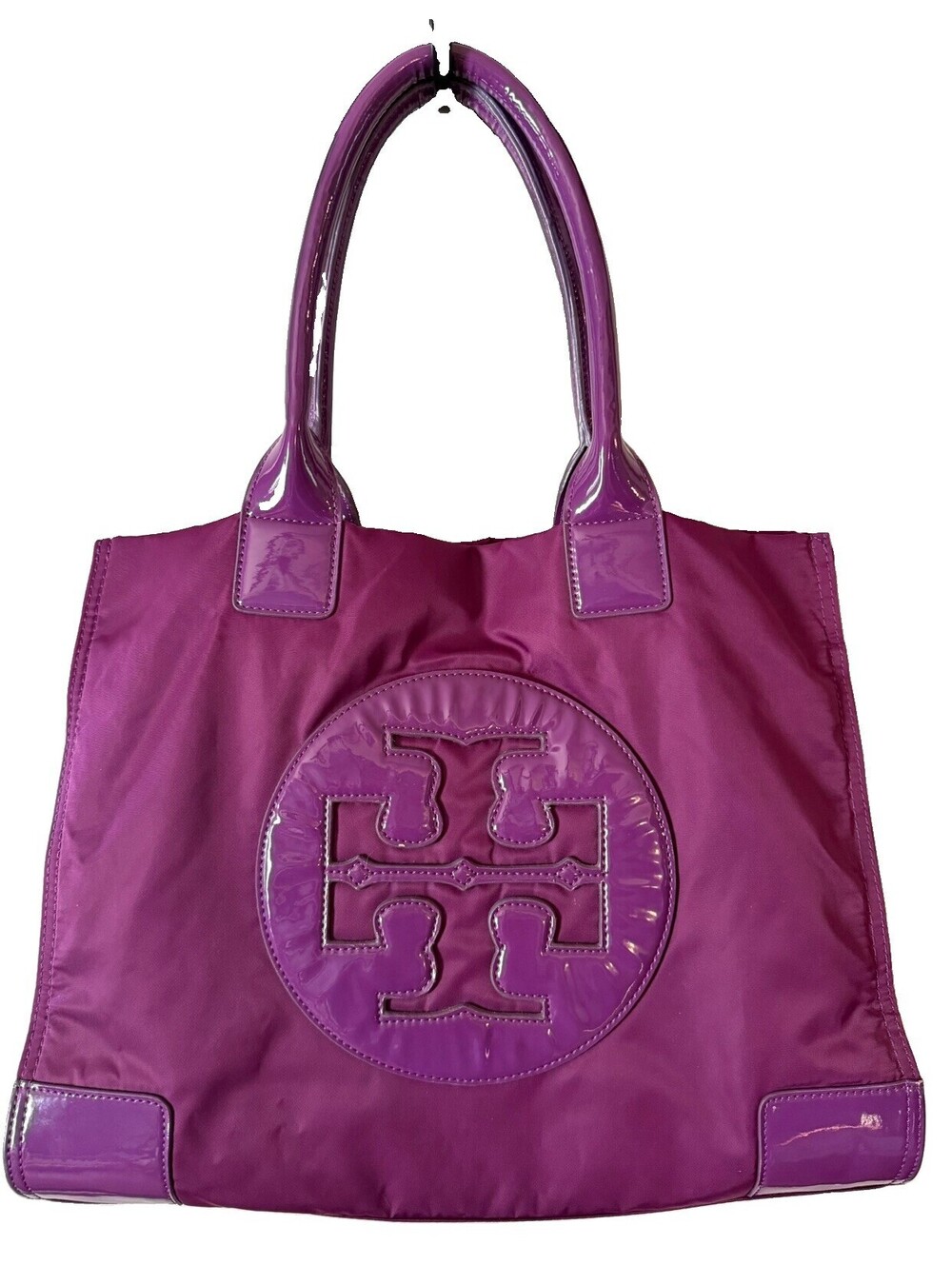 Tory Burch Ella Large Purple Tote Nylon Patent Leather Trim Big Logo Bag